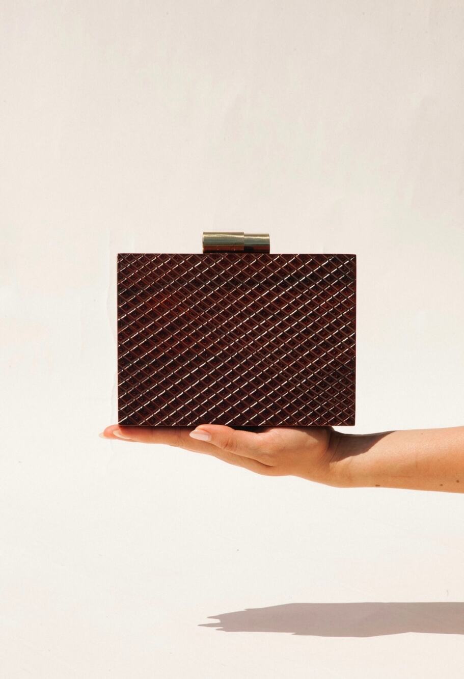 NEW RAMLA Siena Wood Clutch $410 Rectangular Handcrafted Chain Shoulder Strap